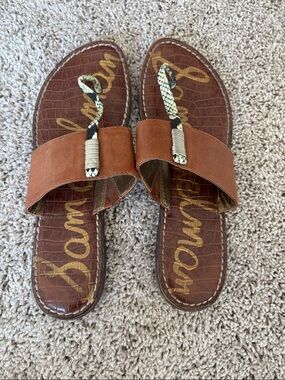 Sam Edelman Tan Brown Leather Slide Sandals with Snake-Print Toe Strap